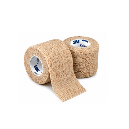 Two rolls of 3M Coban Wrap Elastic Bandage in beige, one partly unrolled. These self-adherent wraps have a textured surface and white inner cores labeled with 3M Coban, providing reliable compression support.