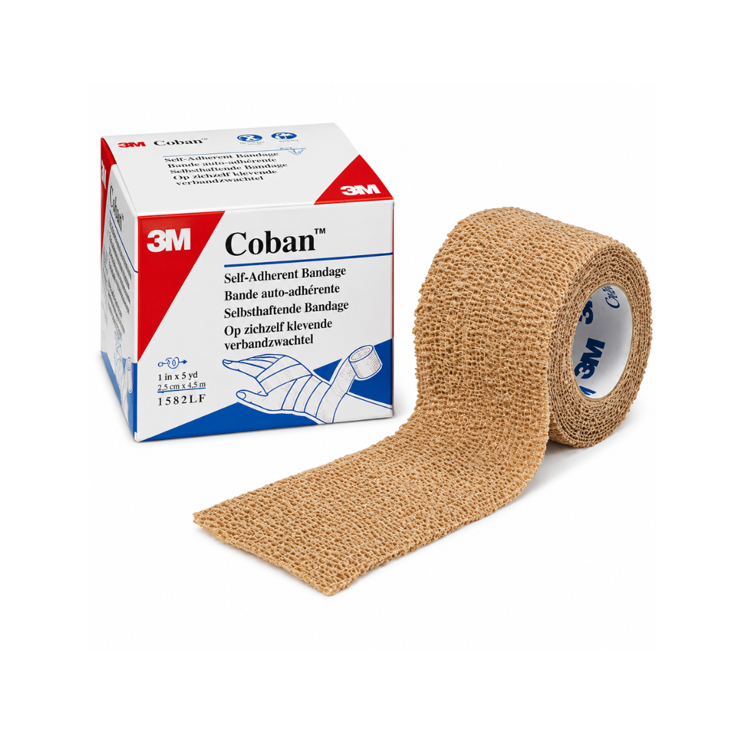 A roll of 3M™ Coban™ Self-Adherent Elastic Wrap Bandage 1” x 5 yd – Tan is unrolled next to its white and blue box, which displays wound care product information in multiple languages.