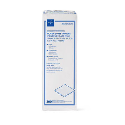 A box of Medline Nonsterile 100% Cotton Woven Gauze Sponges, 3x3”, 8-ply, 200 count. The white box with blue text displays product info and a gauze pad illustration.