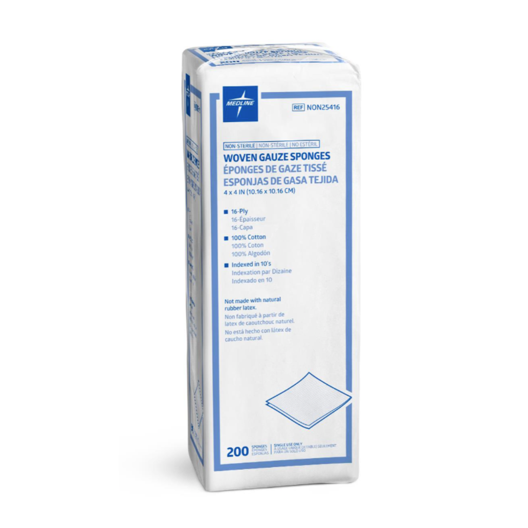 A white package of Medline Nonsterile 100% Cotton Woven Gauze Sponges, labeled in English, French, and Spanish. The front displays product details, size (4x4 in), quantity (200), and an illustration of a woven cotton sponge.
