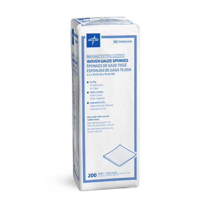 A white package of Medline Nonsterile 100% Cotton Woven Gauze Sponges, labeled in English, French, and Spanish. The front displays product details, size (4x4 in), quantity (200), and an illustration of a woven cotton sponge.