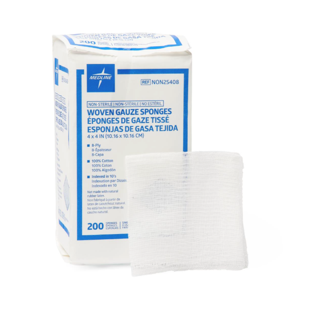 A package of Medline Nonsterile 100% Cotton Woven Gauze Sponges (4x4 in, 8-ply, 200 count) is shown, with one gauze sponge displayed in front of the box.