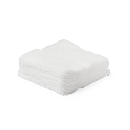 A stack of Medline Nonsterile 100% Cotton Woven Gauze Sponges is neatly arranged on a plain white surface.