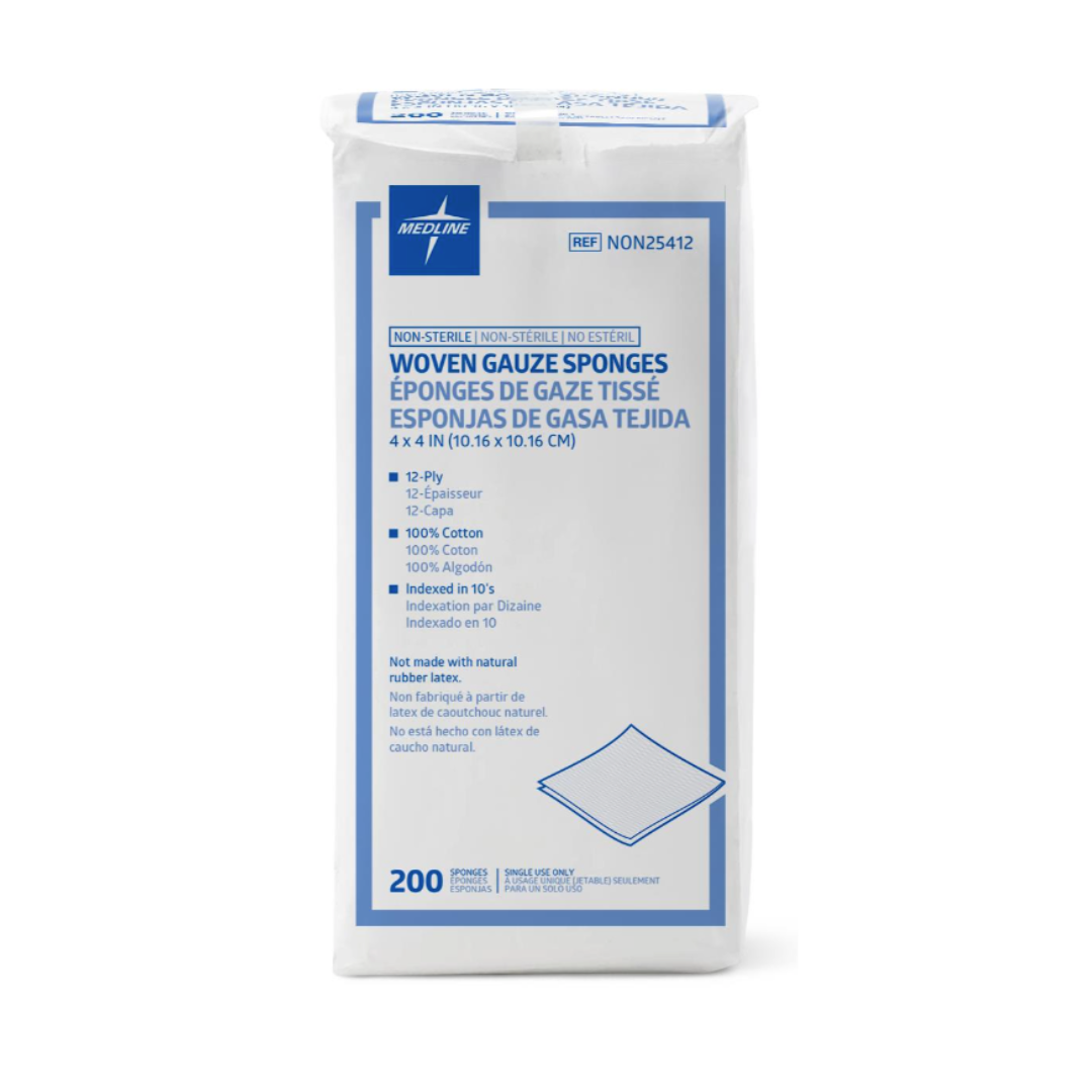 A 200-count package of Medline Nonsterile 100% Cotton Woven Gauze Sponges, 4x4 inches, featuring a blue illustration and multilingual English, French, and Spanish label.