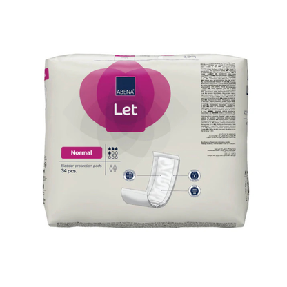 A 34-count pack of Abena Let Adult Booster Bladder Control Pads in white packaging with pink and purple accents, showing an illustration of a superabsorbent polymer booster pad on the front.