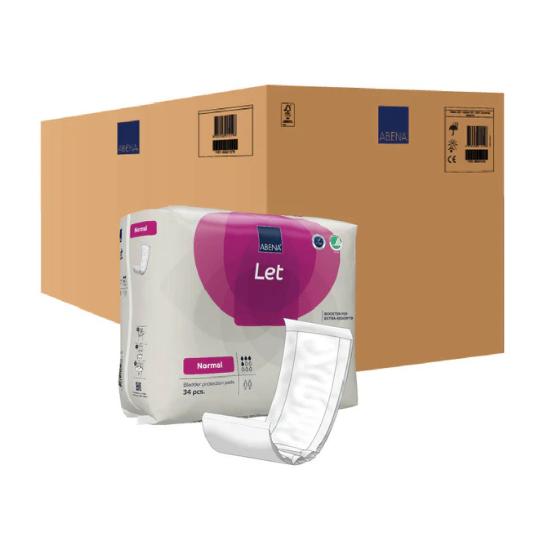 A package of Abena Let Adult Booster Bladder Control Pads is displayed in front of a large brown shipping box, with one rectangular pad shown outside the pack to highlight its shape and design.