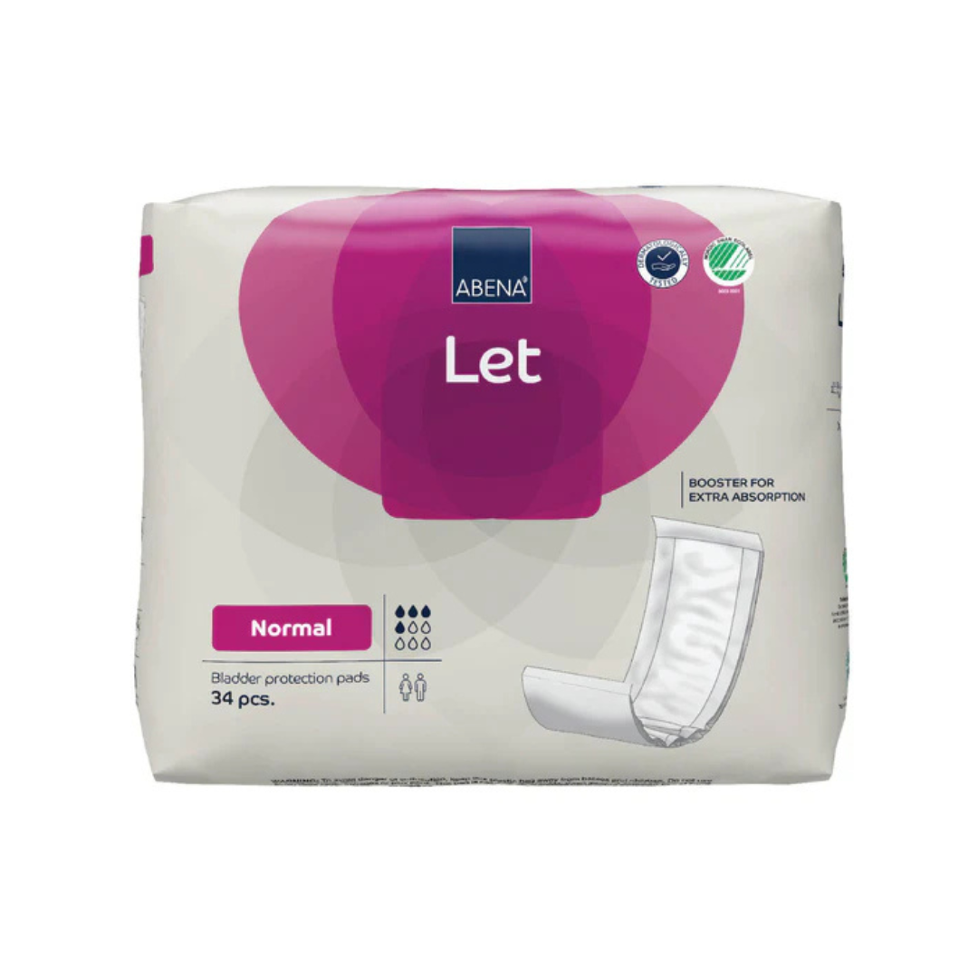 A 34-pack of Abena Let Adult Booster Bladder Control Pads in mostly white packaging with pink accents and a product image of the superabsorbent pad on the front.