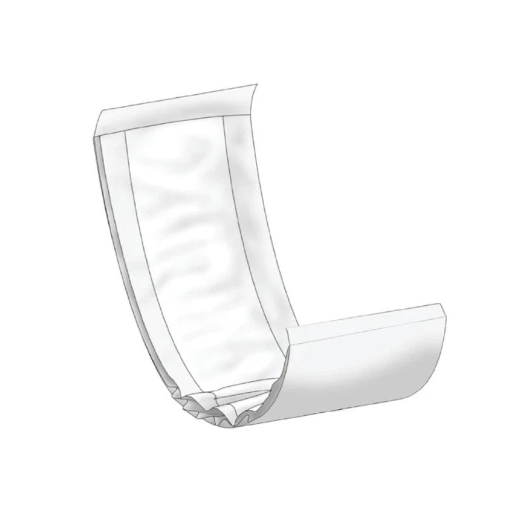 A simple illustration of Abena Let Adult Booster Bladder Control Pads, unfolded to show superabsorbent polymers in a curved shape on a white background.
