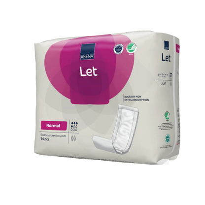 A pack of Abena Let Adult Booster Bladder Control Pads with pink and white design, images, and details. Contains 34 pads per pack, each serving as an incontinence booster pad with extra absorption.