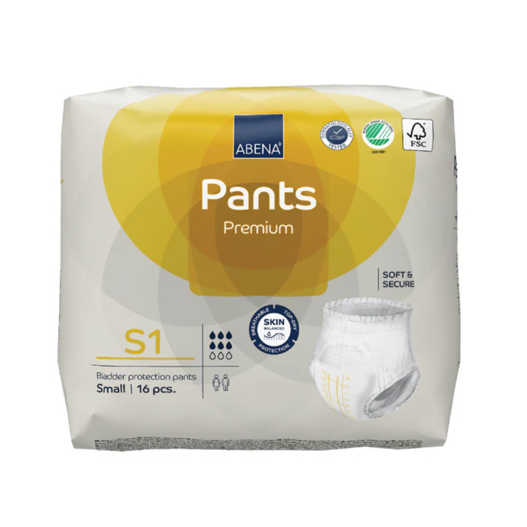 A pack of Abena Pants Premium Protective Adult Underwear, size S1 (small), with 16 pieces in yellow packaging featuring product logos, a pant image, and promoting comfort and confidence for incontinence protection.