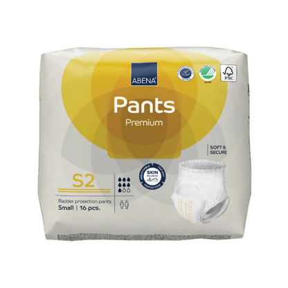Abena Pants Premium Protective Adult Underwear, size S2 small, 16-count pack. The white packaging with yellow accents highlights icons for skin friendliness, softness, and high absorbency.