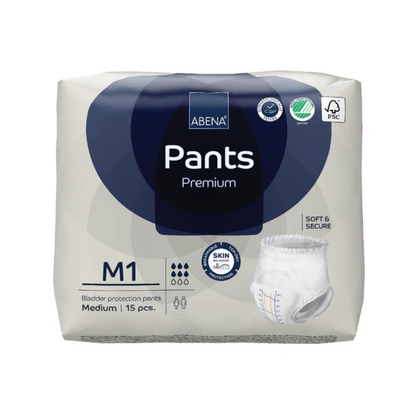 Abena Pants Premium Protective Adult Underwear, medium size (M1), pack of 15 pull-up briefs for incontinence. Packaging is mainly white and blue with product icons and an image of a pull-up underwear on the front.