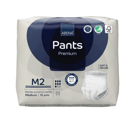 Abena Pants Premium Protective Adult Underwear, size M2, 15-count pack for incontinence. The white and blue packaging features product icons and an image of one protective pant.