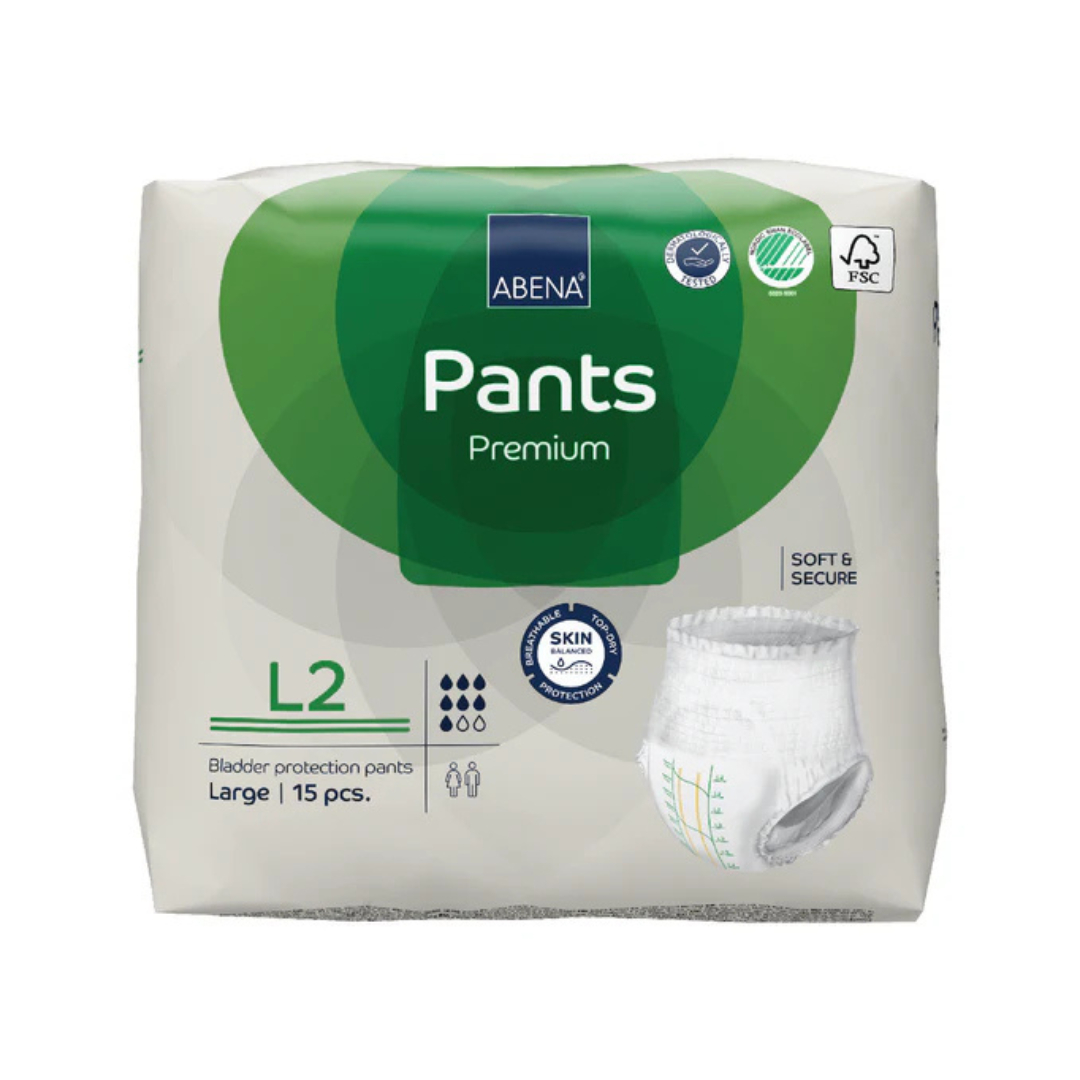 Abena Pants Premium Protective Adult Underwear, large size, pack of 15. Mostly white packaging with green details shows a single pair and provides reliable incontinence protection.