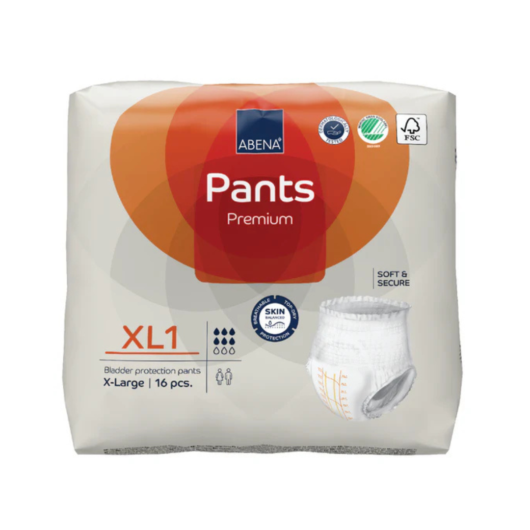 A pack of Abena Pants Premium Protective Adult Underwear XL1 includes 16 absorbent pull-ups for incontinence, with superior leak protection. The mainly white packaging with orange accents shows features, certification logos, and an image.