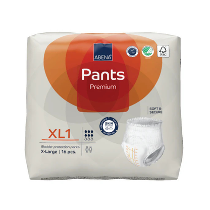 A pack of Abena Pants Premium Protective Adult Underwear XL1 includes 16 absorbent pull-ups for incontinence, with superior leak protection. The mainly white packaging with orange accents shows features, certification logos, and an image.