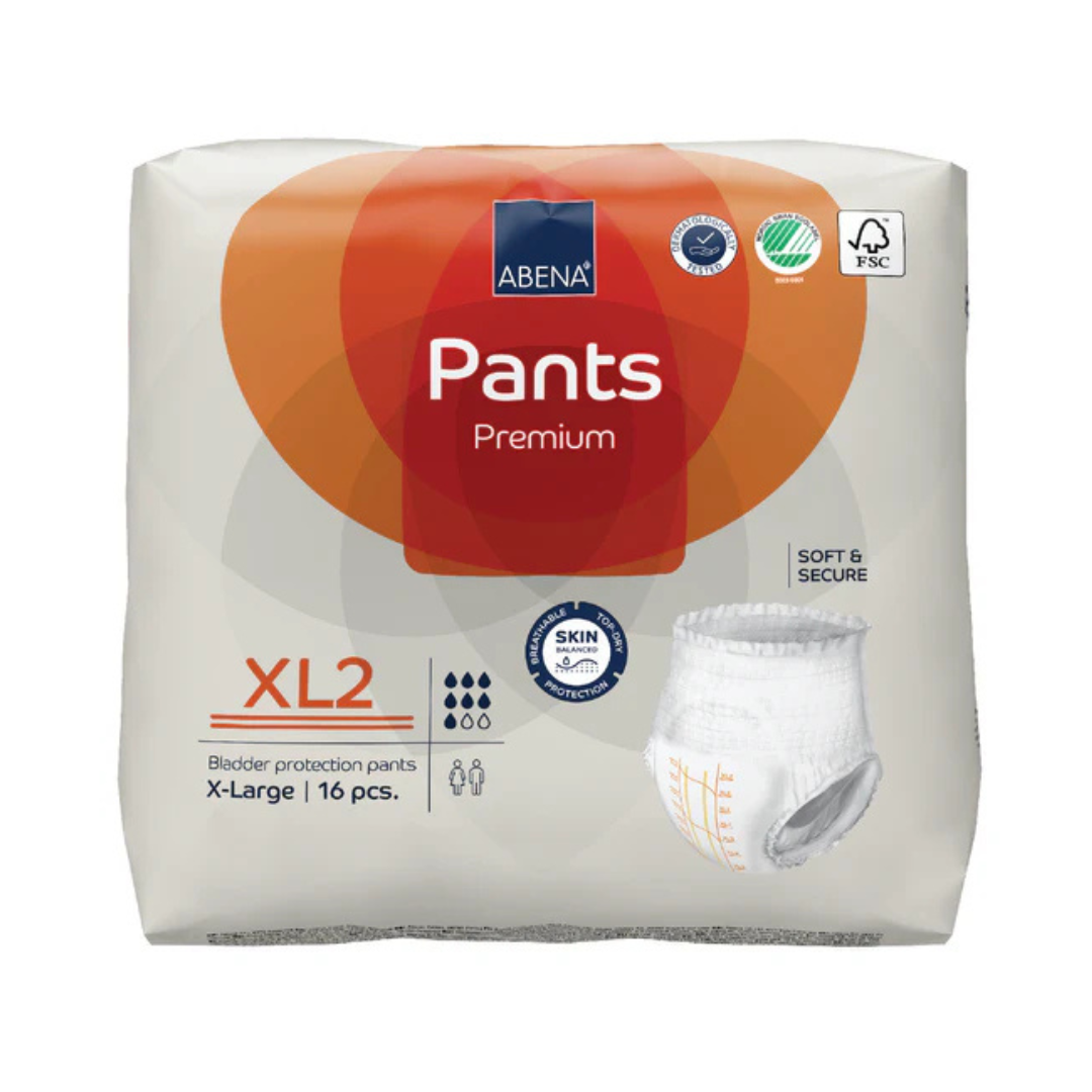 A pack of Abena Pants Premium Protective Adult Underwear, size XL2, contains 16 pull-up pants. The white and orange packaging highlights leak protection certifications and displays an image of the product.