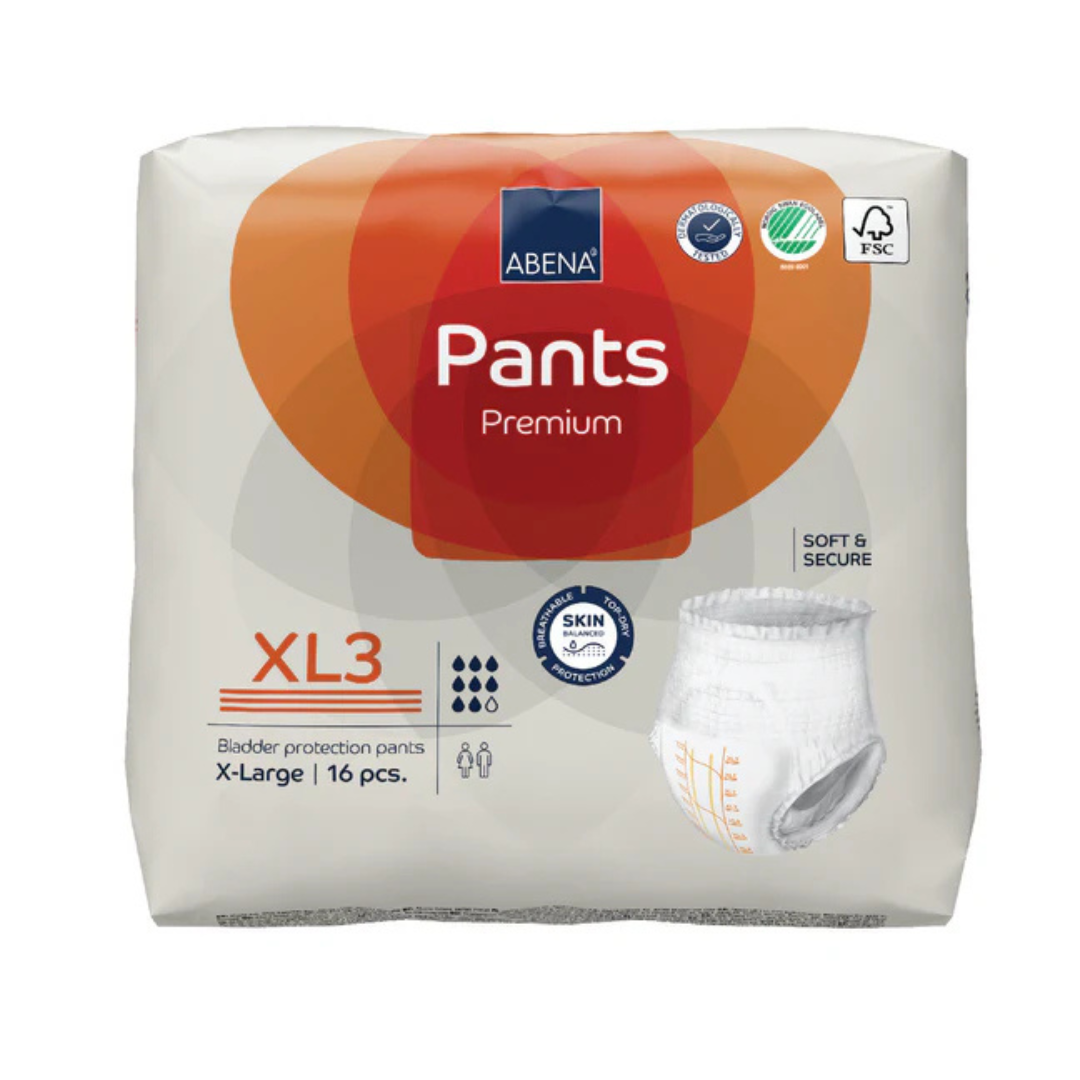 Package of Abena Pants Premium Protective Adult Underwear, size X-Large, 16 count. White packaging with orange accents, certification logos, and a product image on the front.