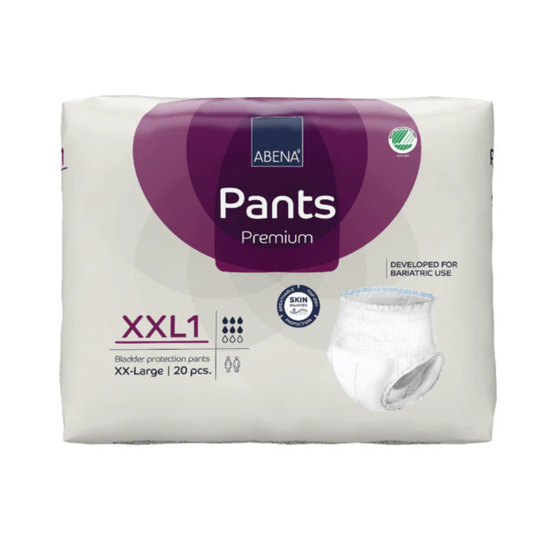 A package of Abena Pants Premium Protective Adult Underwear, size XXL1, contains 20 pull-ups in mostly white packaging with purple accents, highlighting bariatric use and superior leak protection.