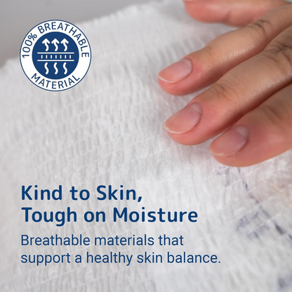 A close-up of fingers touching Abena Pants Premium Protective Adult Underwear's white, textured 100% breathable material. Kind to Skin, Tough on Moisture—absorbent protection supports healthy skin balance in pull-up underwear.