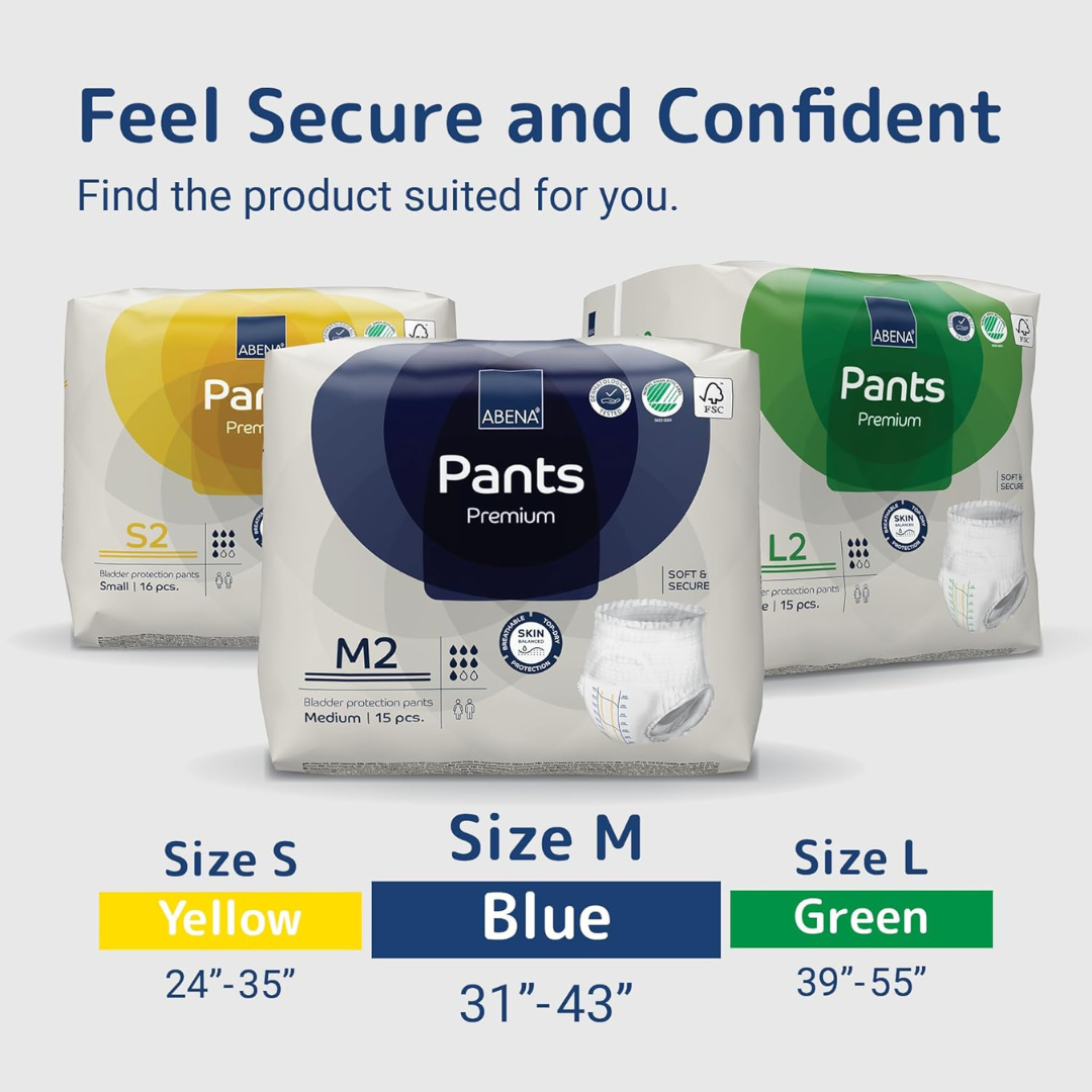 Three packs of Abena Pants Premium Protective Adult Underwear in yellow (S: 24-35), blue (M: 31-43), and green (L: 39-55) are shown with the text: Feel Secure and Confident. Discreet, absorbent protection you can trust.