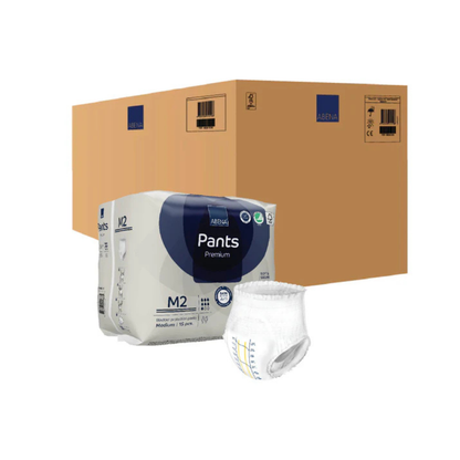A package of Abena Pants Premium Protective Adult Underwear, a single unfolded pull-up, and a large brown shipping box on a white surface—perfect for discreet incontinence protection.