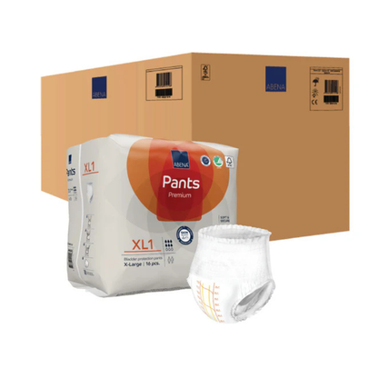 A pack of Abena Pants Premium Protective Adult Underwear, with one underwear shown outside, provides reliable incontinence protection; two brown shipping boxes with labels appear in the background.