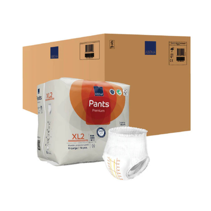 Displayed against a white background are a large box, a package labeled "Abena Pants Premium Protective Adult Underwear," and an individual pull-up designed for incontinence protection.
