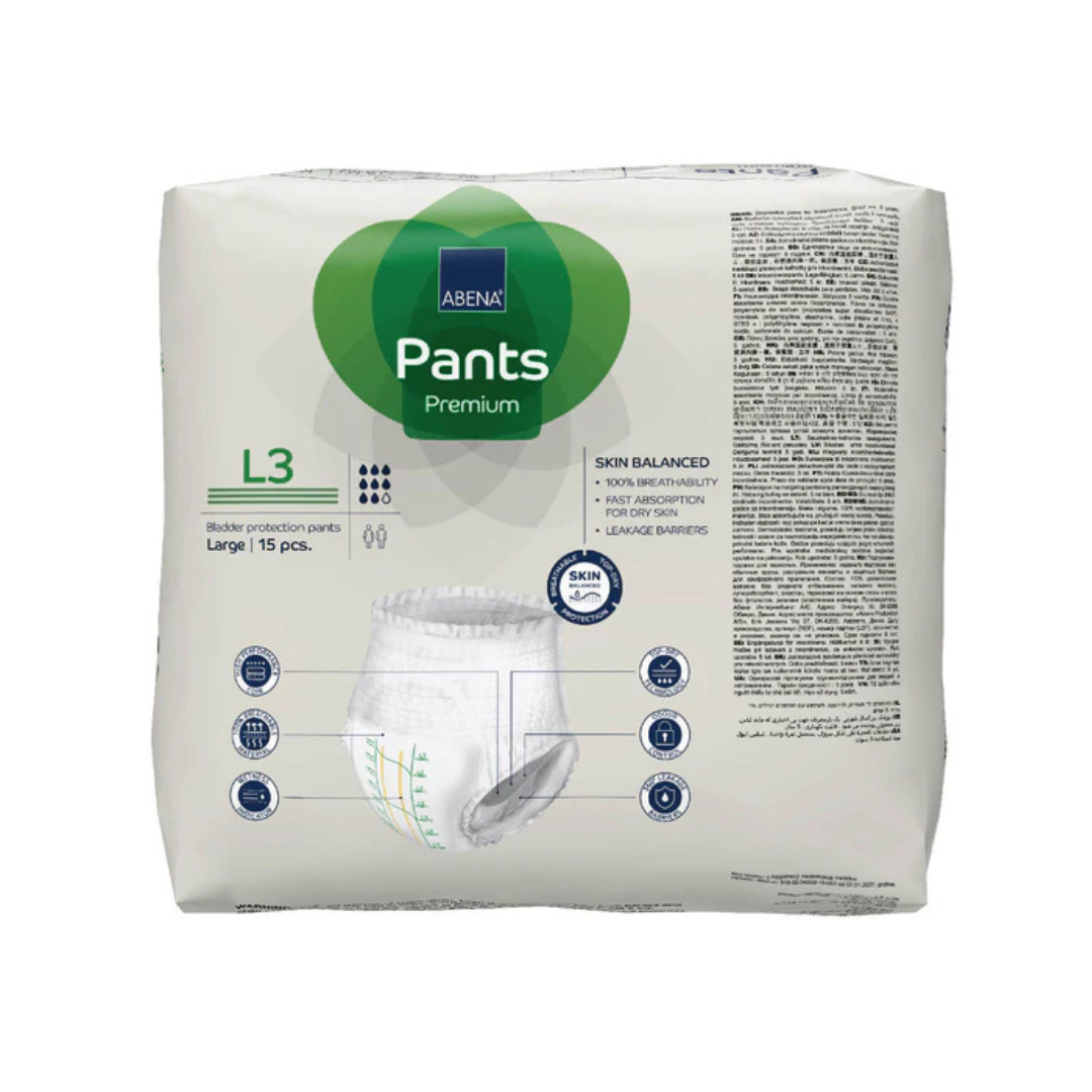 A pack of Abena Pants Premium Protective Adult Underwear, size L3 (large), contains 15 pieces. The front showcases incontinence protection features and an image of one pull-up.