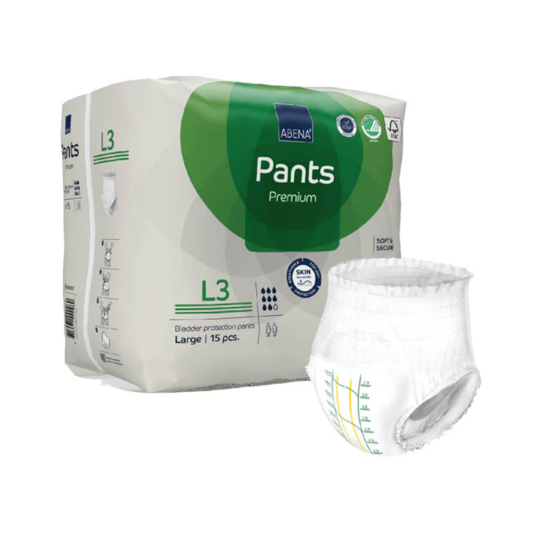 A package of Abena Pants Premium Protective Adult Underwear, size L3 large (15 pieces), is displayed next to a single unfolded pull-up with green markings for comfortable incontinence protection.