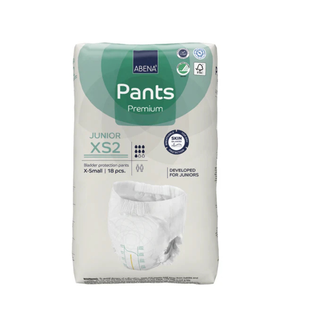 A pack of Abena Pants Premium Protective Adult Underwear, size XS2 Junior (X-Small), contains 18 pieces in white and green packaging showcasing incontinence protection details and an image of the underwear on the front.