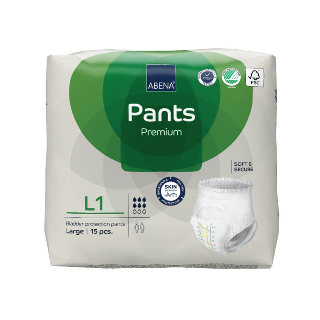 Abena Pants Premium Protective Adult Underwear, size Large, 15-count pack in white and green packaging with product icons and an image of one adult pull-up on the right.
