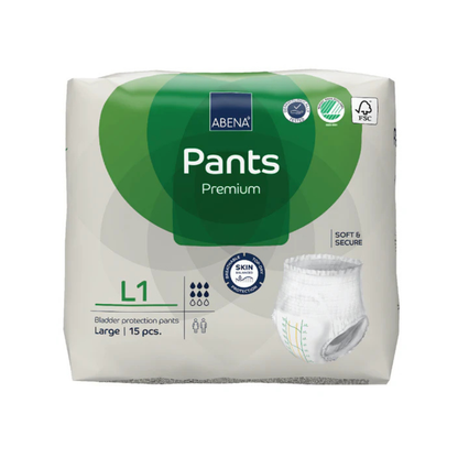 Abena Pants Premium Protective Adult Underwear, size Large, 15-count pack in white and green packaging with product icons and an image of one adult pull-up on the right.