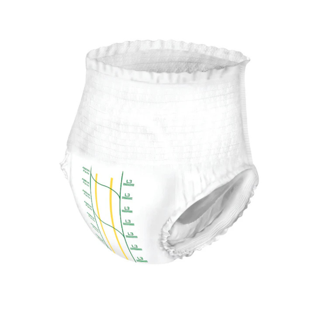 Abena Pants Premium Protective Adult Underwear are white disposable pull-ups with an elastic waistband, leg openings, and yellow-green wetness indicator lines on the front for reliable incontinence protection.