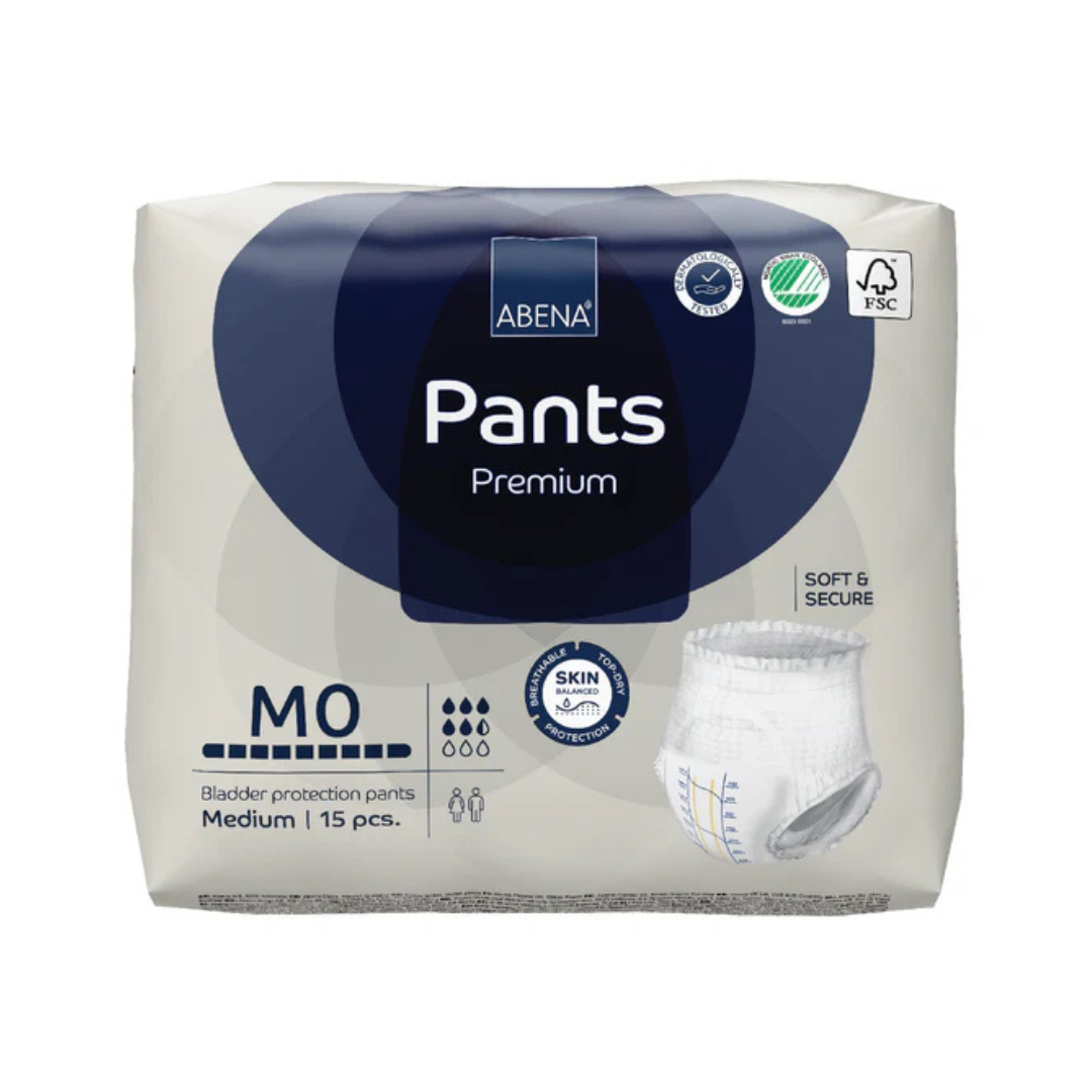 Abena Pants Premium Protective Adult Underwear, size medium, 15-count pack. The white and blue packaging displays product icons and a photo of the underwear.