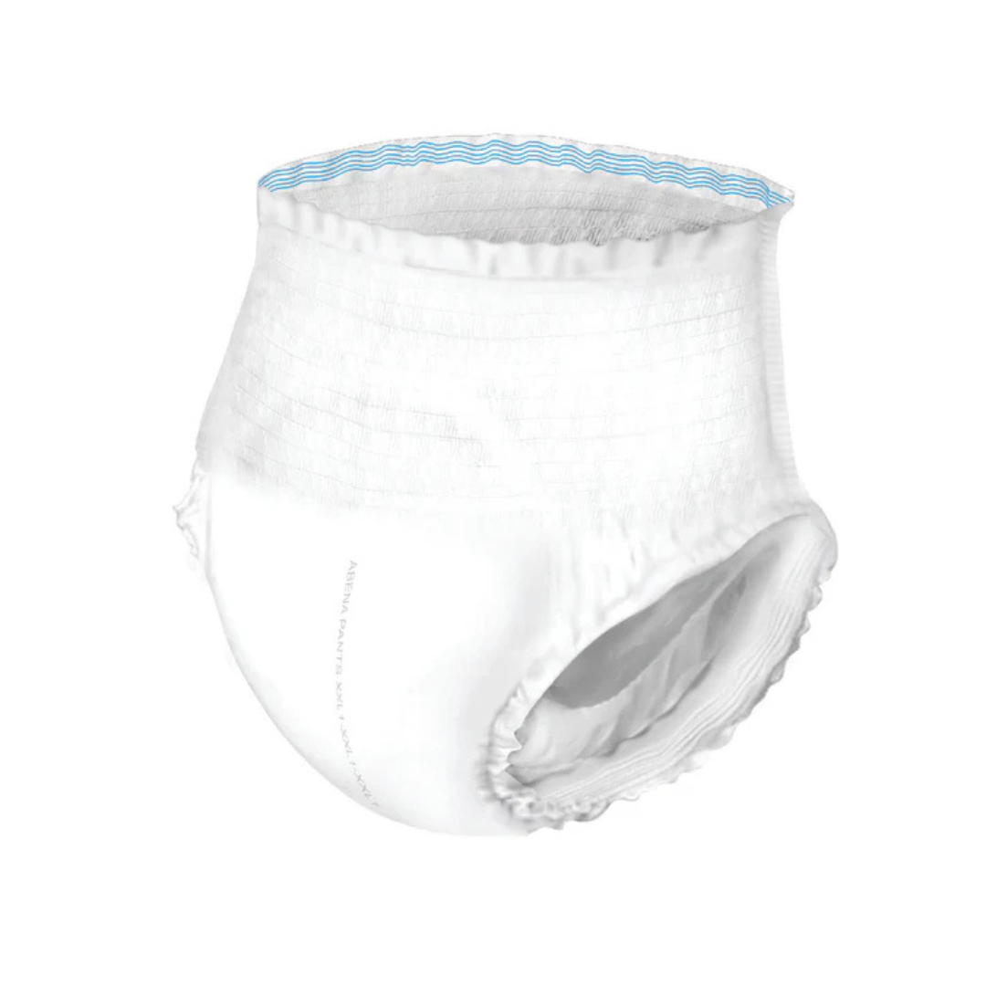 Abena Pants Premium Protective Adult Underwear is a white disposable pull-up with an elastic waistband and leg openings, shown upright on a plain background. Blue lines on the waistband offer discreet incontinence protection.