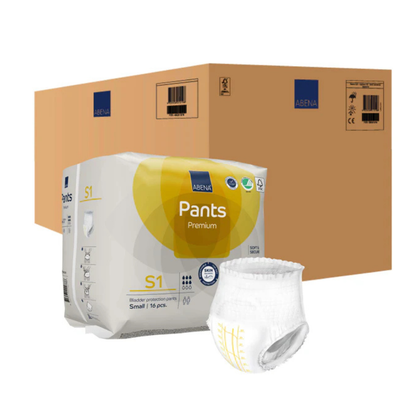 A box of Abena Pants Premium Protective Adult Underwear sits before a large brown shipping box, with one underwear displayed outside to showcase its design, waistband, and reliable incontinence protection.