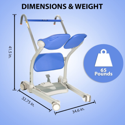 The ARJO Sara Stedy Manual Standing Aid & Sit-To-Stand Transfer Lift, shown in blue and gray with four wheels, is displayed against a blue background. Dimensions: 41.5" tall, 32.75" wide, 34.6" deep; weight: 65 lbs.