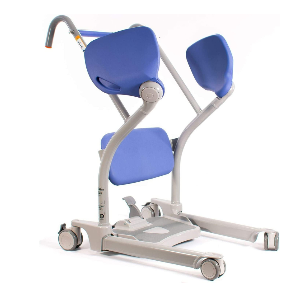 The ARJO Sara Stedy Manual Standing Aid & Sit-To-Stand Transfer Lift is a blue and gray device with padded supports and wheels, designed to help users stand up and move safely.