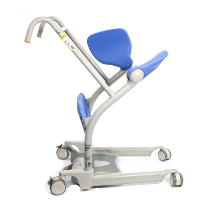 The ARJO Sara Stedy Manual Standing Aid & Sit-To-Stand Transfer Lift is a blue and gray patient transfer chair with wheels, angled seating, and ergonomic handles, designed to assist individuals with limited mobility.