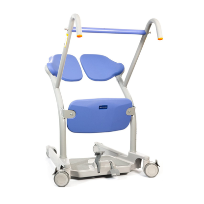 The ARJO Sara Stedy Manual Standing Aid & Sit-To-Stand Transfer Lift features a padded seat, support bar, and wheels to assist individuals with safe and easy transfers from sitting to standing.