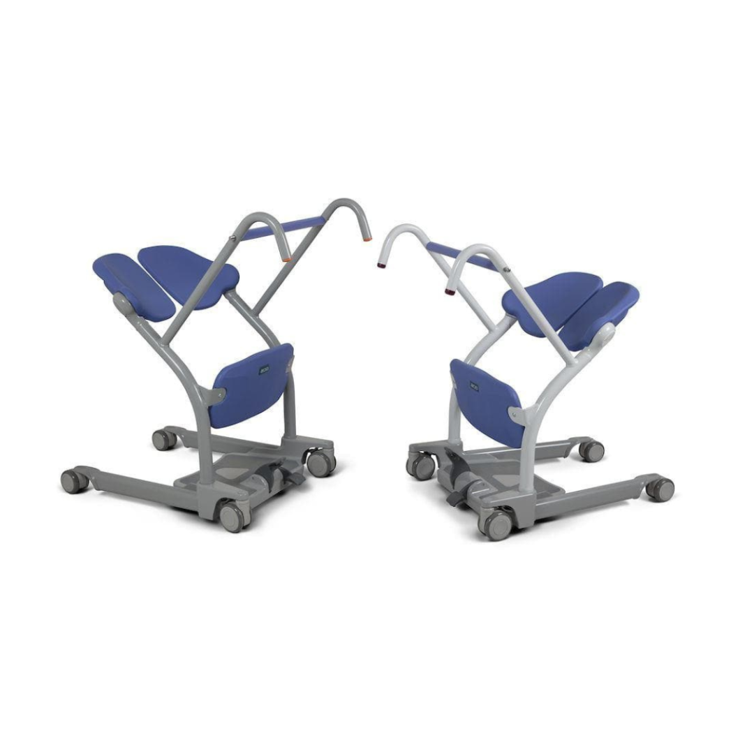 Two blue and gray ARJO Sara Stedy Manual Standing Aid & Sit-To-Stand Transfer Lifts with handles and wheels, positioned facing each other on a white background.