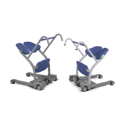 Two blue and gray ARJO Sara Stedy Manual Standing Aid & Sit-To-Stand Transfer Lifts with handles and wheels, positioned facing each other on a white background.