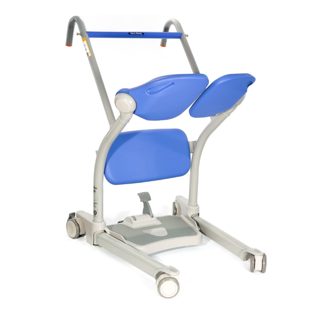 The ARJO Sara Stedy Manual Standing Aid & Sit-To-Stand Transfer Lift offers blue padded back and knee supports, a gray foot platform, and sturdy metal frame for easy mobility and assisted sit-to-stand transfers.