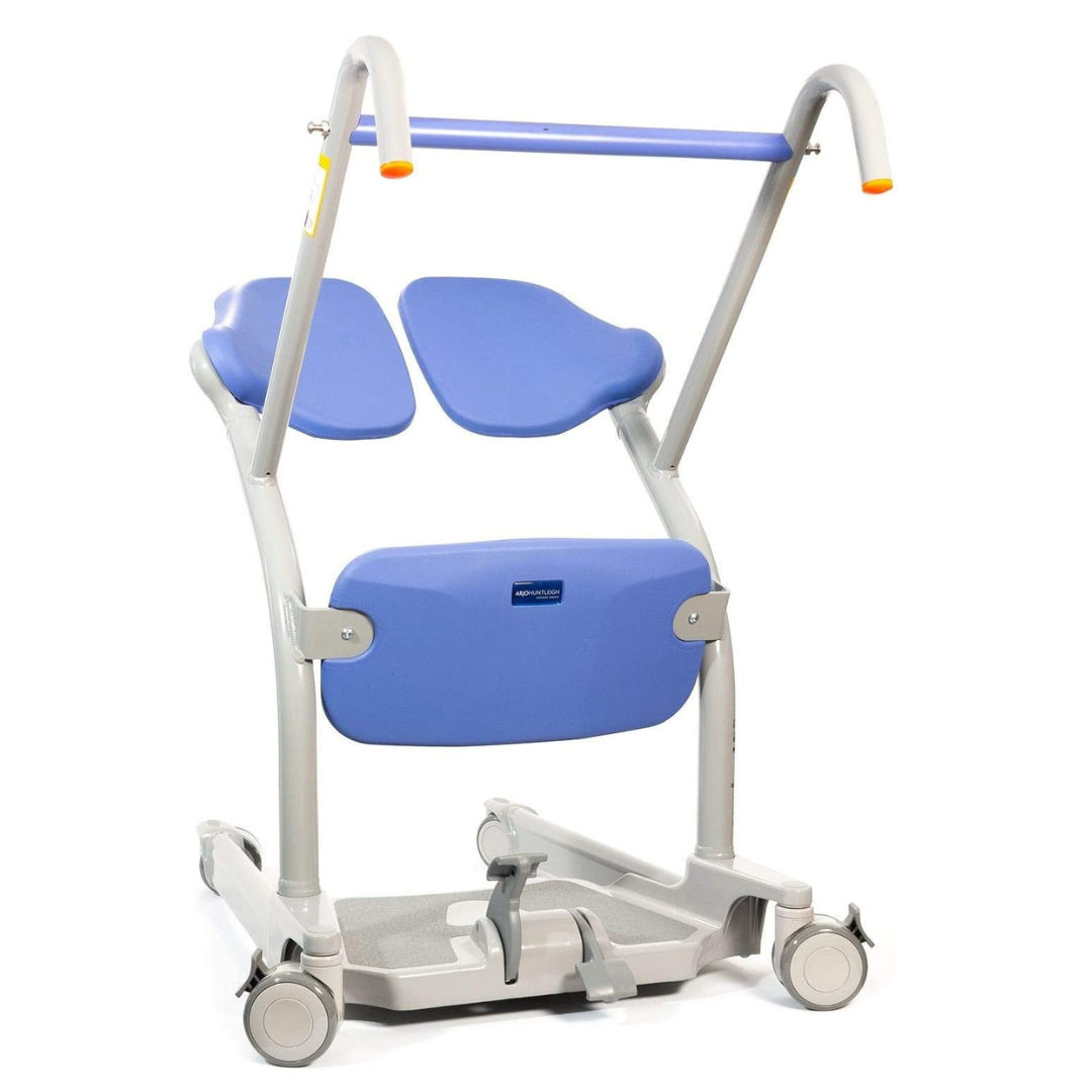The ARJO Sara Stedy Manual Standing Aid & Sit-To-Stand Transfer Lift features a padded seat, backrest, support handles, wheels for smooth movement, and a footplate—designed to assist patient mobility and transfers safely.