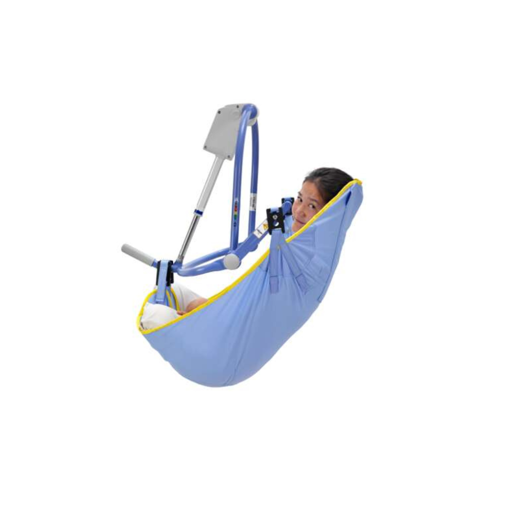 A person is comfortably lying in an ARJO 4-Point Spreader Sling for Patient Lifts, supported by a metal frame. Only their head, shoulders, and feet are visible against a white background—ideal for patient transfers or ceiling lift systems.