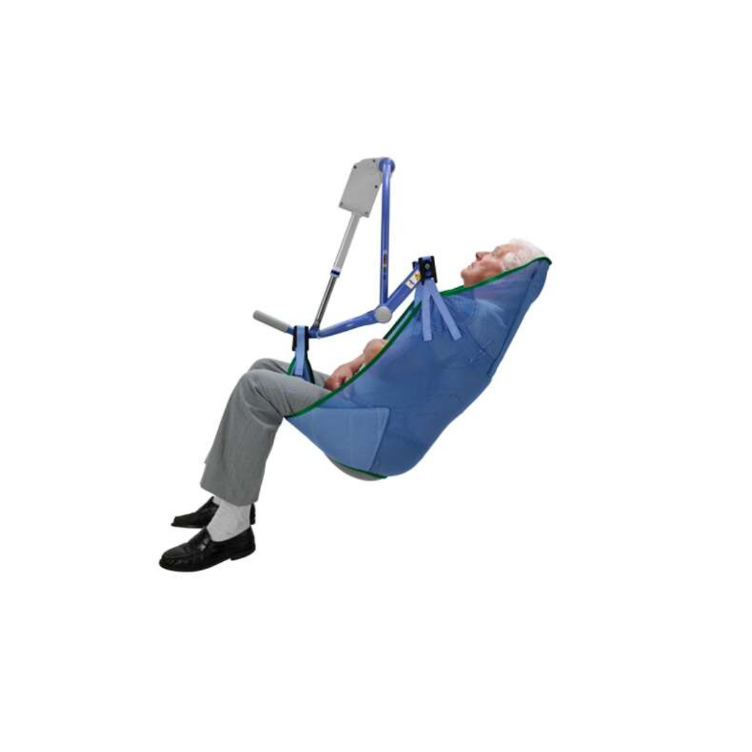 An elderly person is comfortably supported in an ARJO 4-Point Spreader Sling for Patient Lifts, reclined in the blue fabric sling attached to a mechanical lift for safe and secure patient transfer or mobility assistance.
