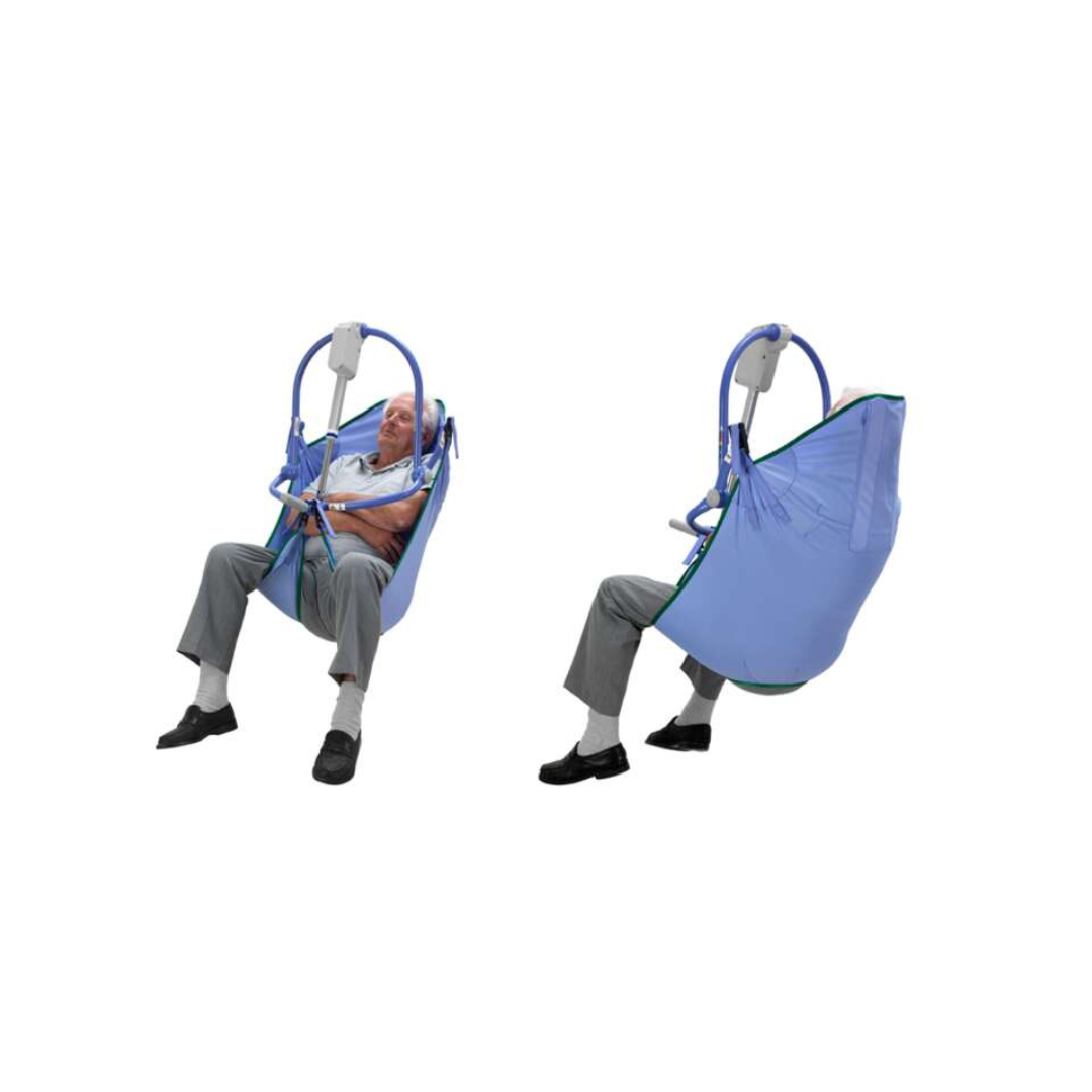 An elderly man is seated in an ARJO 4-Point Spreader Sling for Patient Lifts, supported by a mechanical lift. Front and side views show how the sling securely holds him, ensuring safe and comfortable patient transfers.