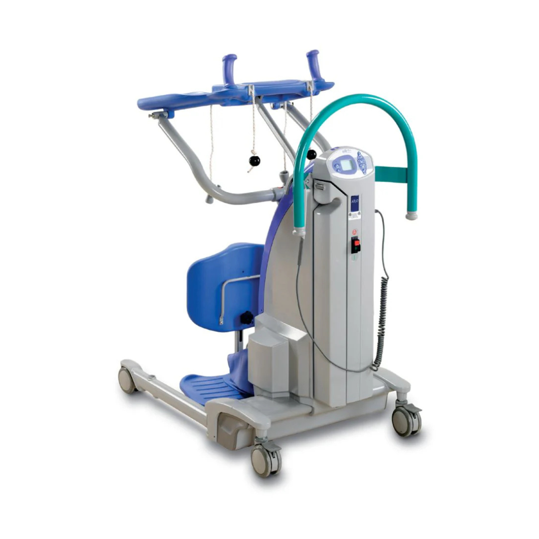The ARJO Sara Plus Powered Sit-To-Stand is a modern patient lift featuring a blue seat, adjustable arm supports, and wheels, designed to assist with transfers and support mobility in medical or care settings.