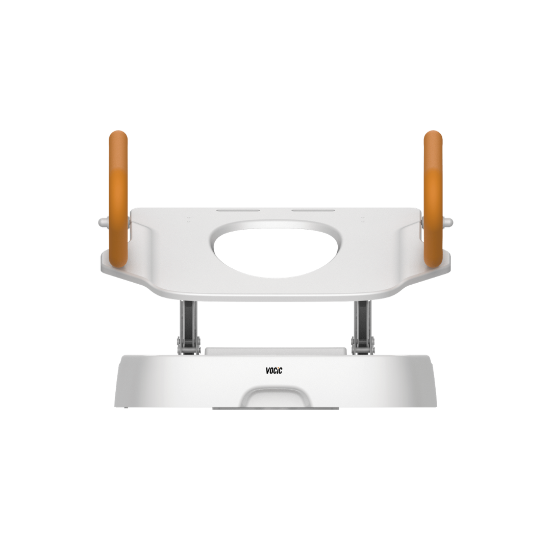 A white EasyRise Powered Toilet Seat Lifter (VOCIC AX12 Pro) featuring two brown grab handles on each side, designed for extra support and stability.